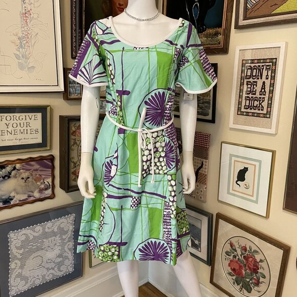 60s Vintage Deadstock Puritan Forever Young Green & Purple Flutter Sleeve Dress - Picture 1 of 9